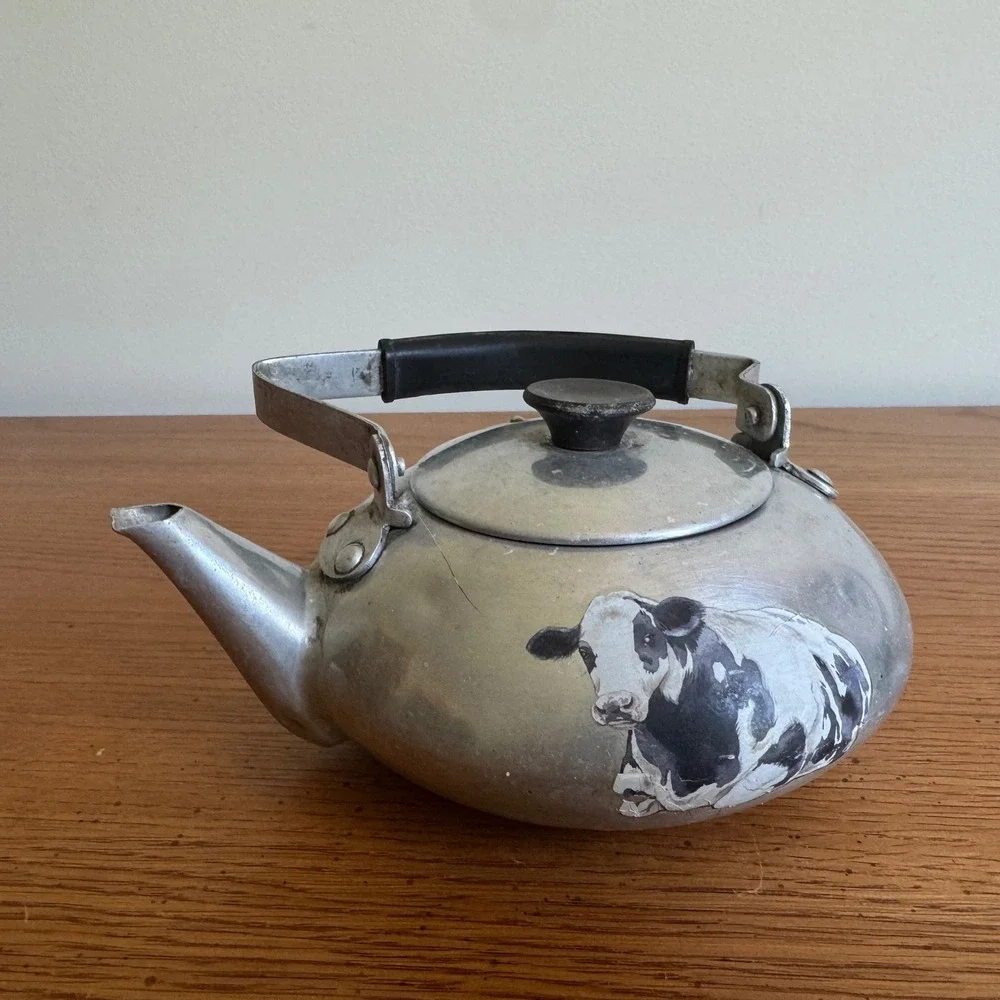 Vintage Aluminum Tea Kettle Cow Graphic Farmhouse‎ Decor Rustic Teapot Small
